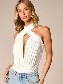 AiiRZ Crossover Halter Neck Cut-Out Bodysuit With Deep Plunge Open Back And Ruched Detail - White - View 5