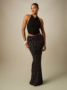 MISSGUIDED Halter Neck Cowl Crop Top And Polka Dot Maxi Skirt Co-Ord Set Party Night Out Two Piece Outfit - Black and White - View 4
