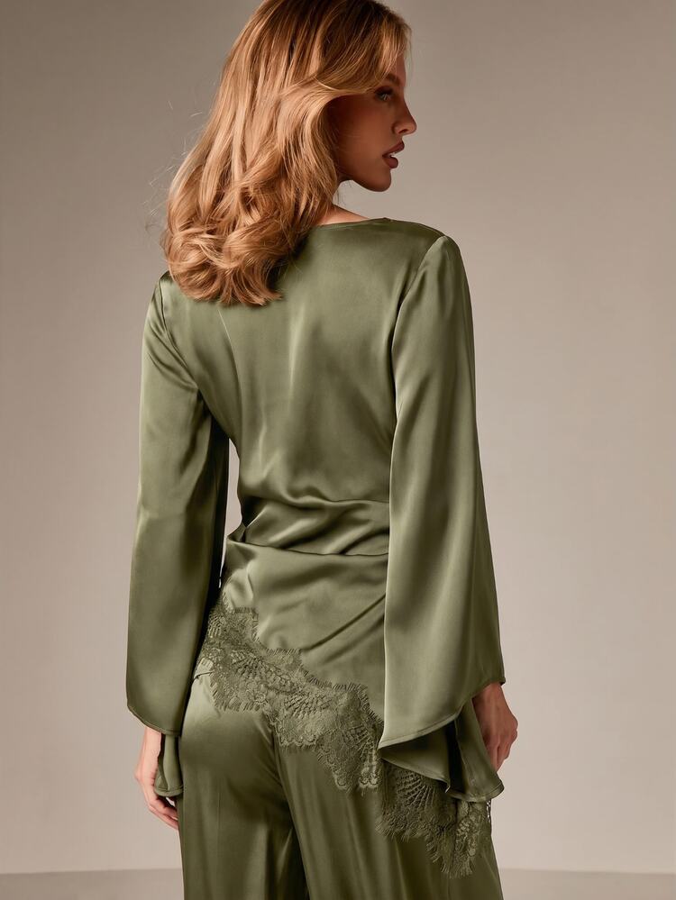 Satin Cowl Neck Top With Bell Sleeves And Lace Hem