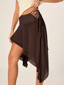 MISSGUIDED 不對稱中長裙，側邊繫帶設計，手帕邊擺，飄逸風格，適合節慶夏季派對 - 咖啡棕 - 查看 5
