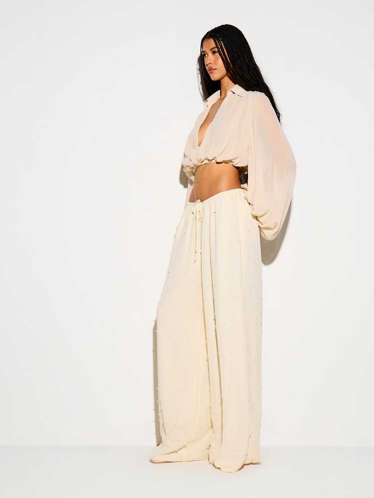 Pearl Embellished Chiffon Wide Leg Trousers With Drawstring Waist