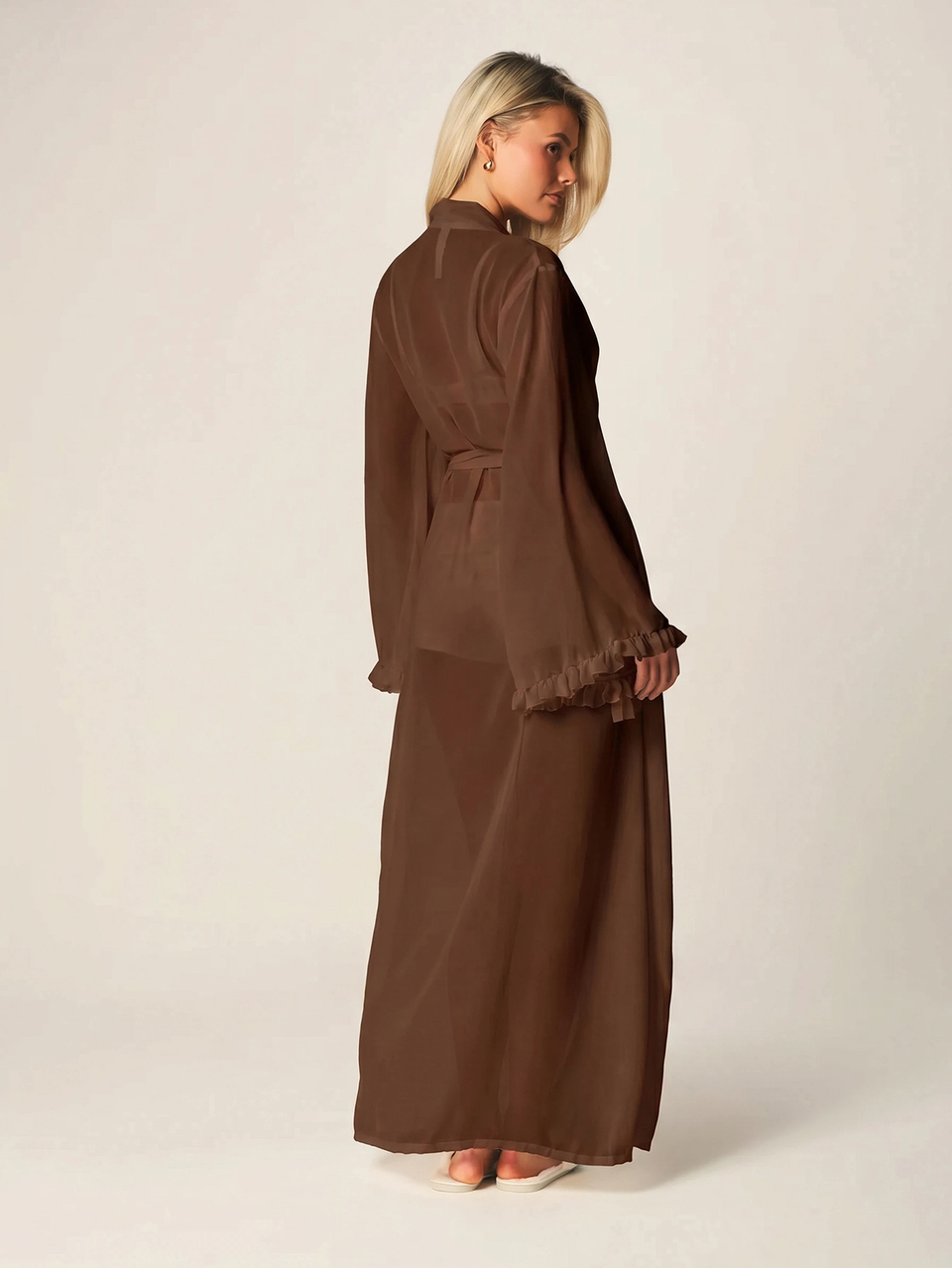 MISSGUIDED Long Sheer Robe With Ruffle Cuffs And Tie Belt Maxi Length Open Front Kimono Cover Up