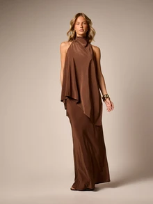 AiiRZ Chân váy maxi satin chi tiết bèo bên hông, dáng dài chạm đất, cắt xéo, váy slip thanh lịch cho tiệc tối - màu nâu - Xem 6