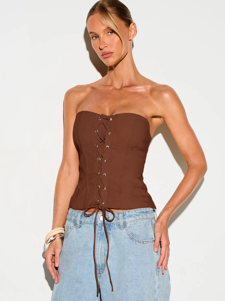 KIZN Strapless Lace-Up Corset Top With Boning Detail And Side Zipper Closure For Night Out - Brown - View 1