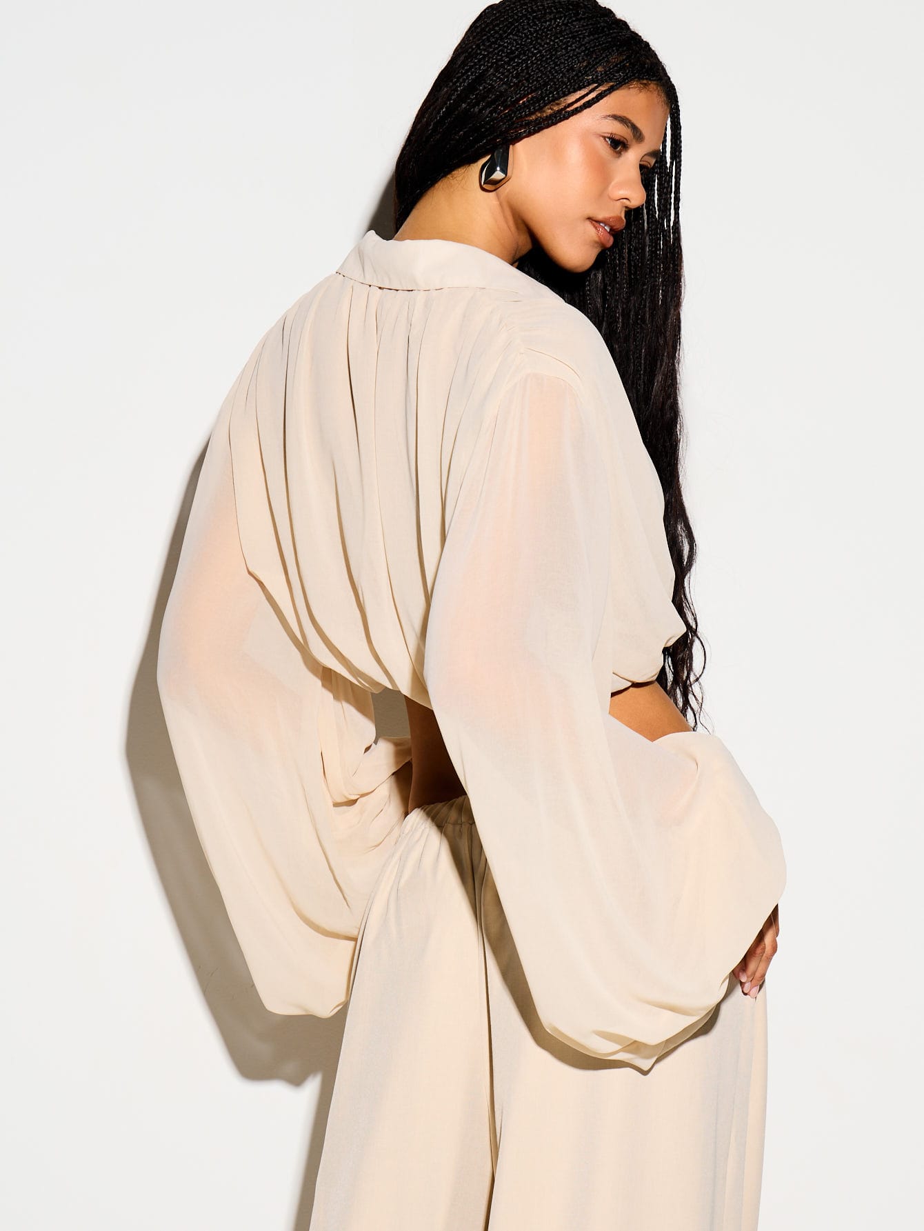 Wrap Front Crop Blouse With Balloon Sleeves