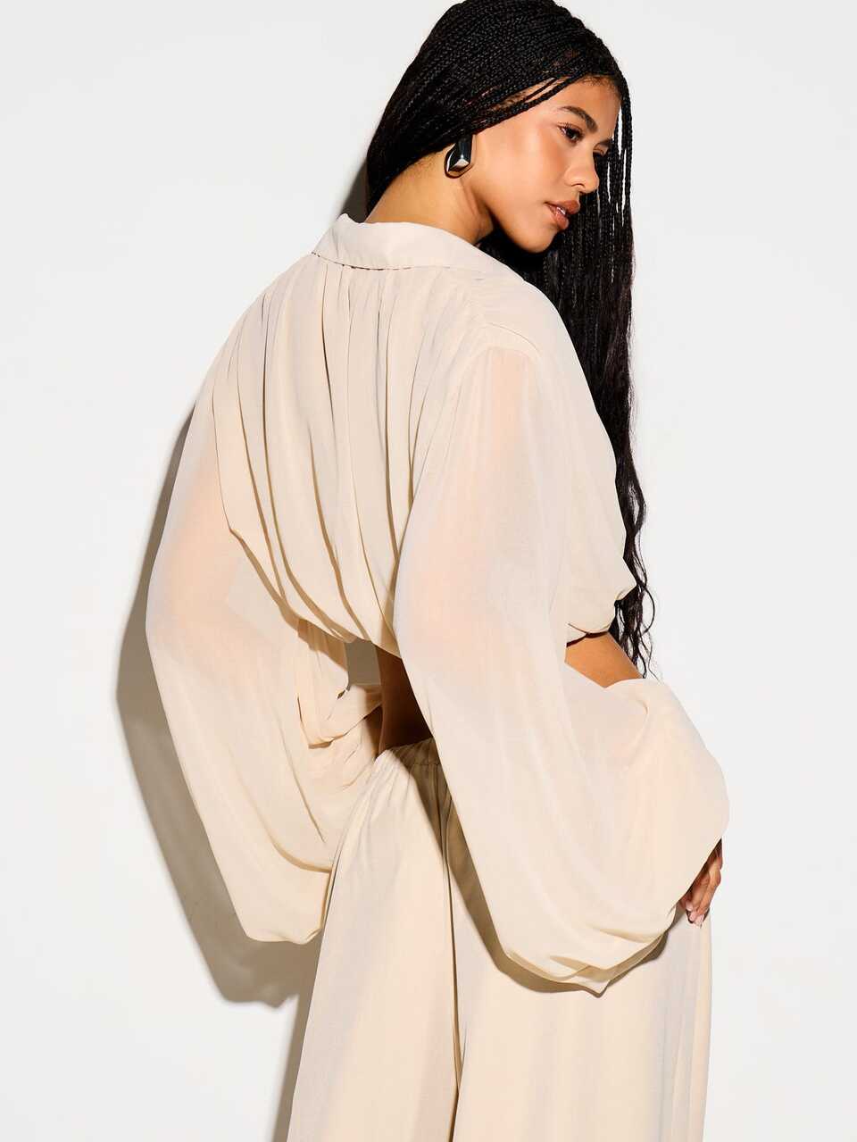 KIZN Wrap Front Crop Blouse With Balloon Sleeves
