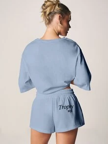 MISSGUIDED Trophy Wife Slogan Sweat Shorts With Elastic Waistband And Graphic Print For Casual Everyday Wear - Blue - View 1