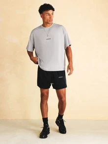 SUMWON Boxy Fit Oversized Crew Neck Short Sleeve T-Shirt With Topographic Back Graphic And Logo Print - Grey - View 3