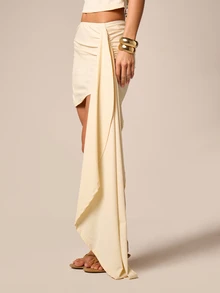 AiiRZ Ruched Mini Skirt With Asymmetric Drape Detail And Side Train For Summer Occasions - Beige - View 5