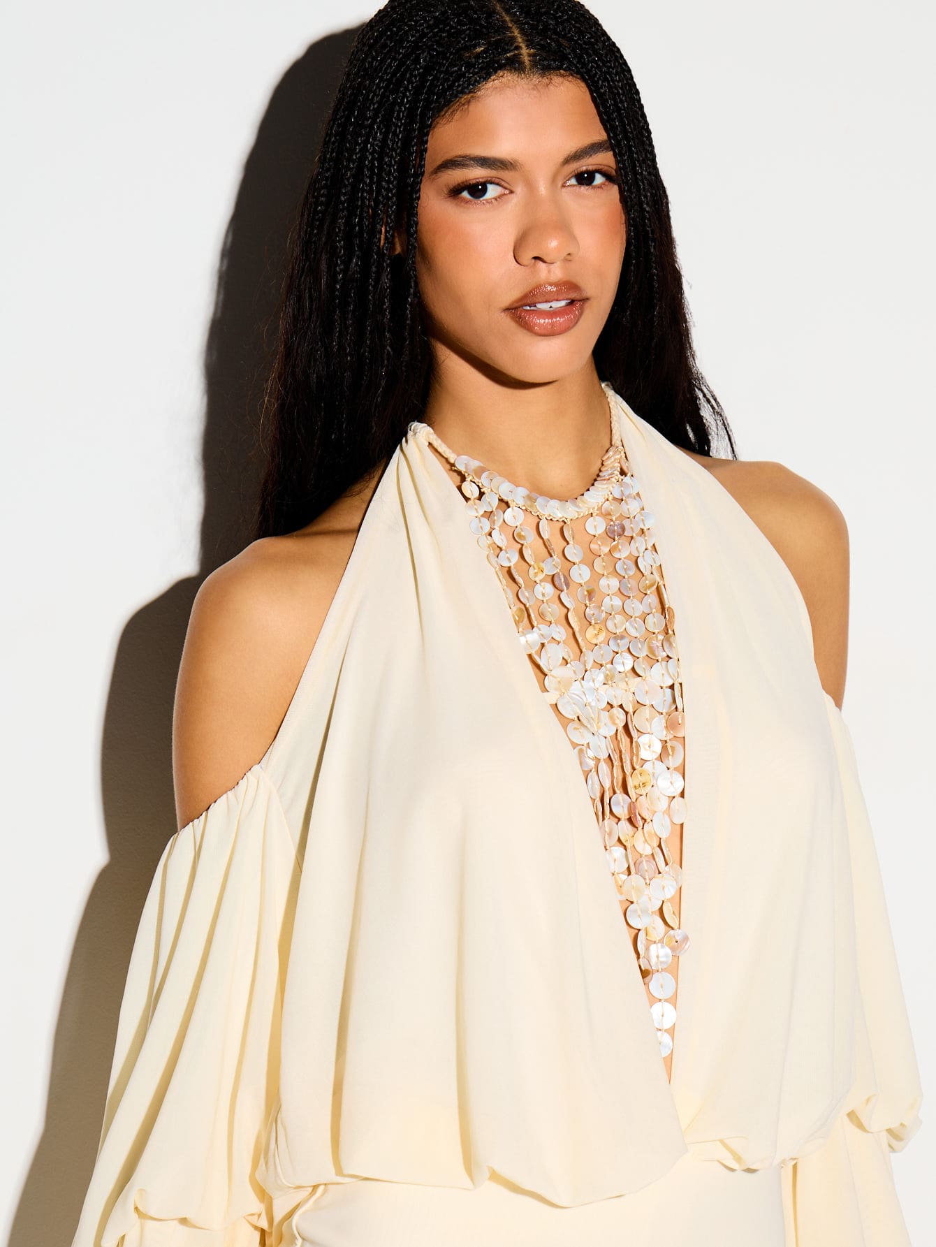 Plunge Halter Neck Mini Dress With Frill Sleeves