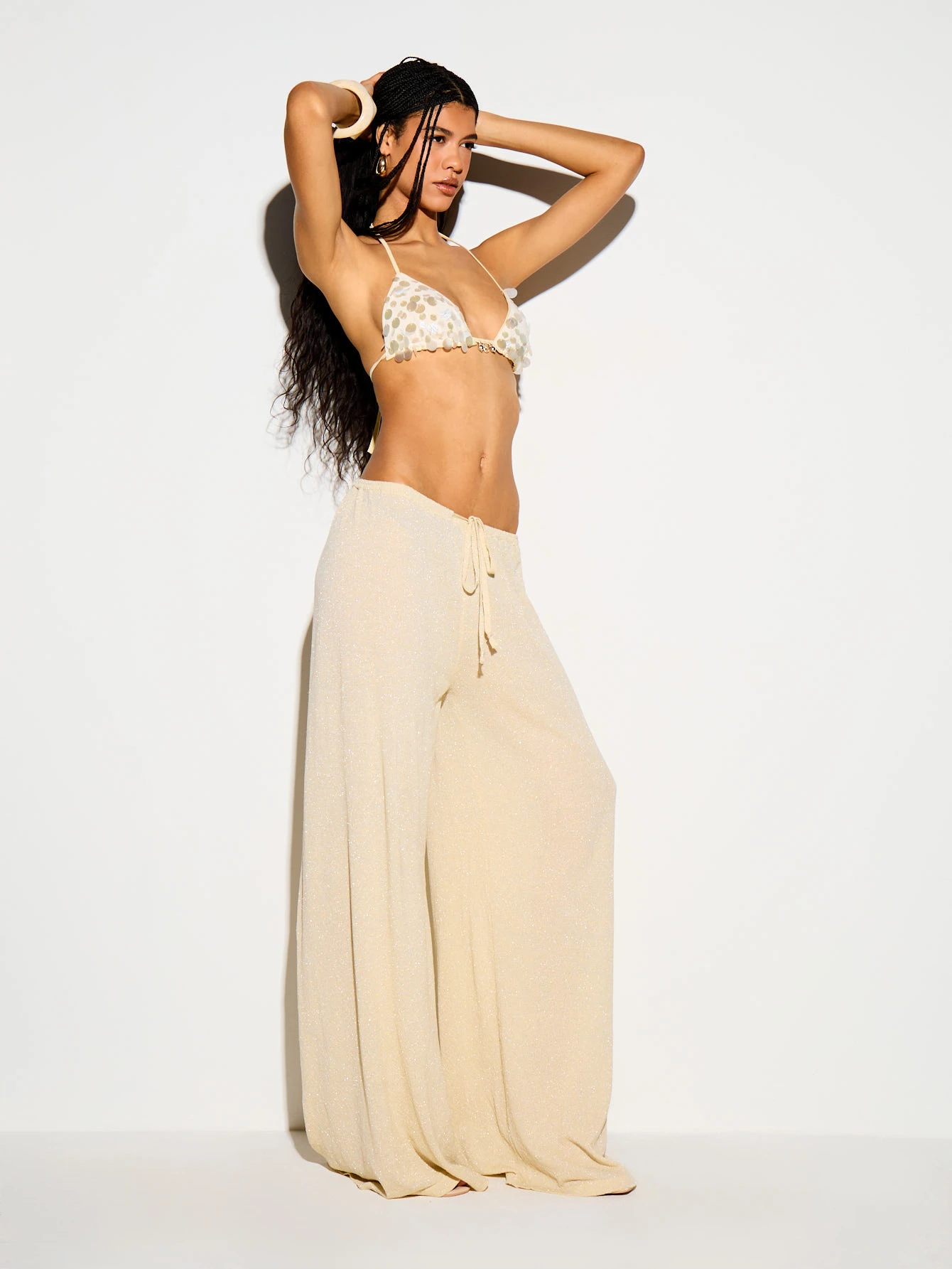 Metallic Knit Wide Leg Pants With Drawstring Waist