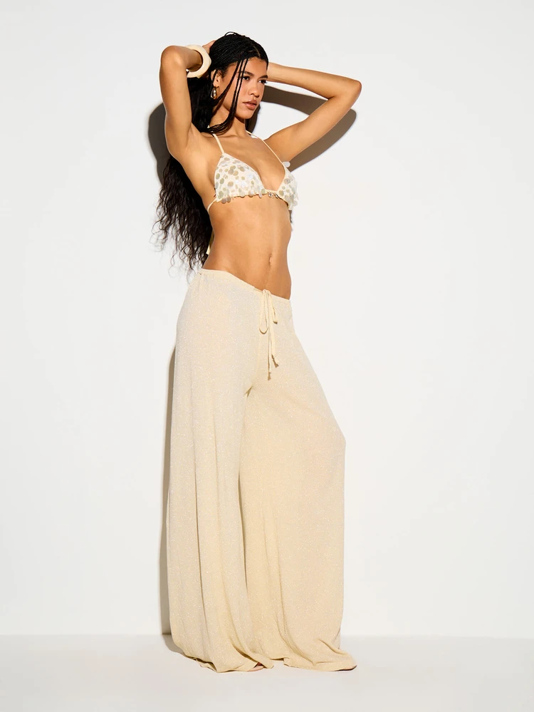 Metallic Knit Wide Leg Pants With Drawstring Waist