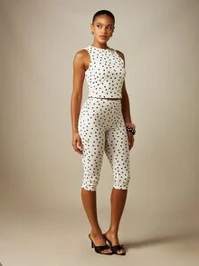 MISSGUIDED Celana Legging Capri Polkadot Pinggang Tinggi Pas Badan Model Pendek Gaya Retro Kasual Musim Panas - Hitam dan Putih - View 5
