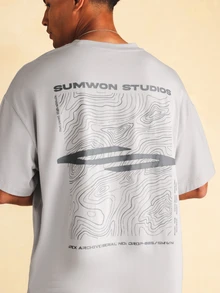 SUMWON Boxy Fit Oversized Crew Neck Short Sleeve T-Shirt With Topographic Back Graphic And Logo Print - Grey - View 5