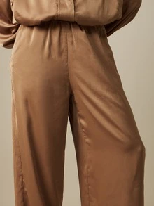 MISSGUIDED 緞面寬腿褲彈性腰高腰套穿式闊腿褲晚宴派對風 - 棕色 - 查看 4