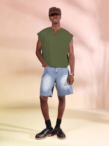 SUMWON Mens Oversized Crop Tank Top V-Neck Sleeveless Casual Summer Street Style Vest - Army Green - View 5