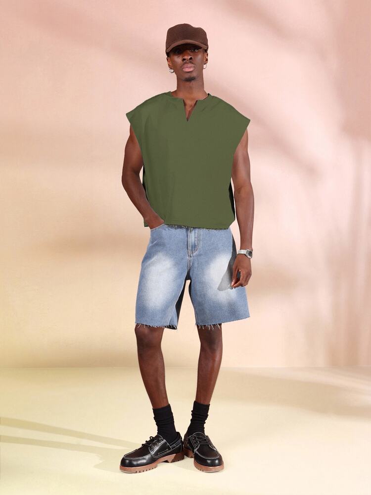 Mens Oversized Crop Tank Top V-Neck Sleeveless Casual Summer Street Style Vest