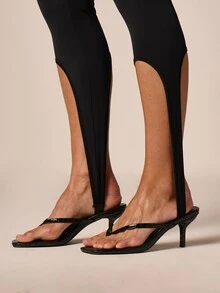 AiiRZ Capri Leggings With Stirrup Cuff Detail High Rise Skin Tight Stretch Ankle Strap Pants - Black - View 4