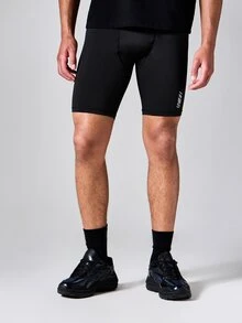 SUMWON Active Lab Compression Legging Shorts For Running Cycling Training With Logo Print Just Above Knee - Black - View 1