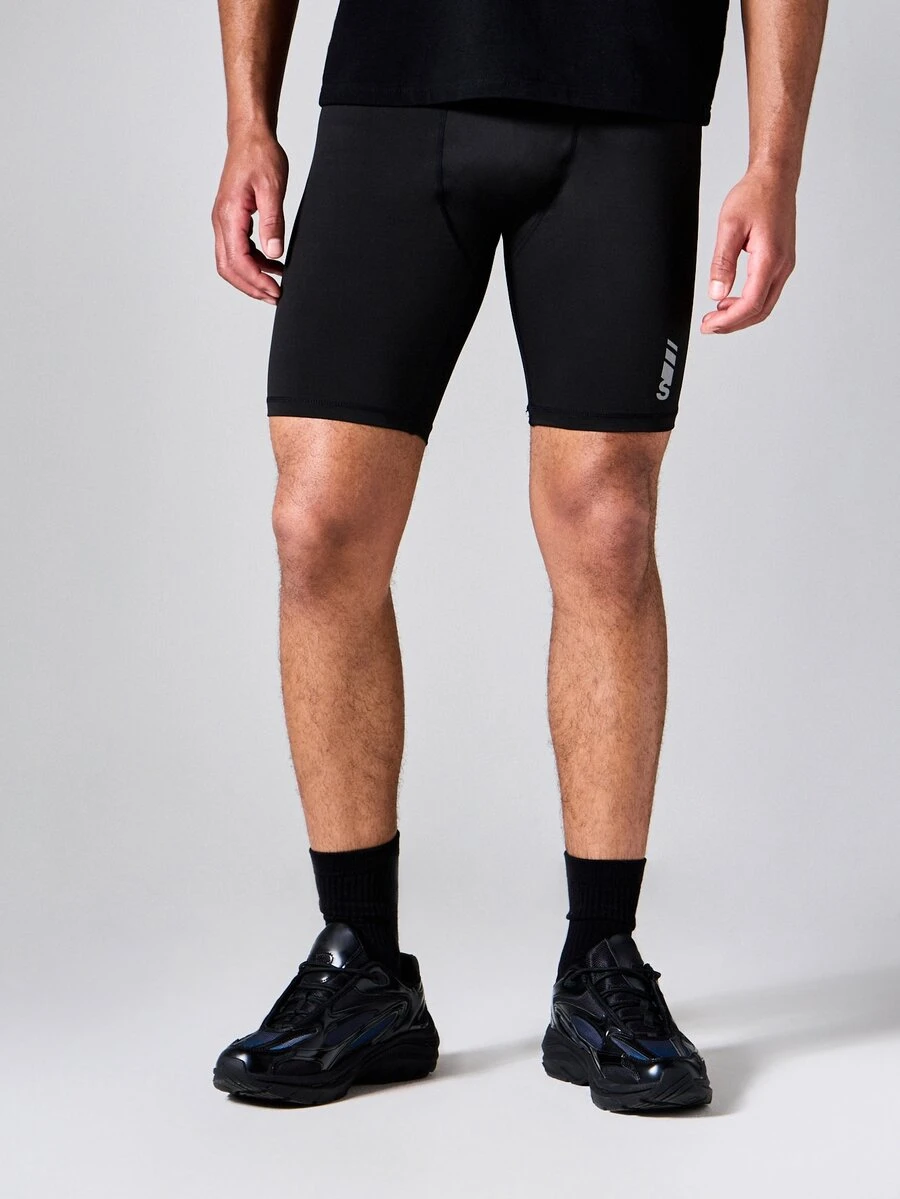 SUMWON Active Lab Compression Legging Shorts For Running Cycling Training With Logo Print Just Above Knee - Black - View 1