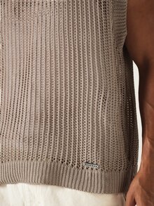 SUMWON Oversized Crochet Knit Sweater Vest Crew Neck Sleeveless Open Weave Summer Layering Top - Apricot - View 5