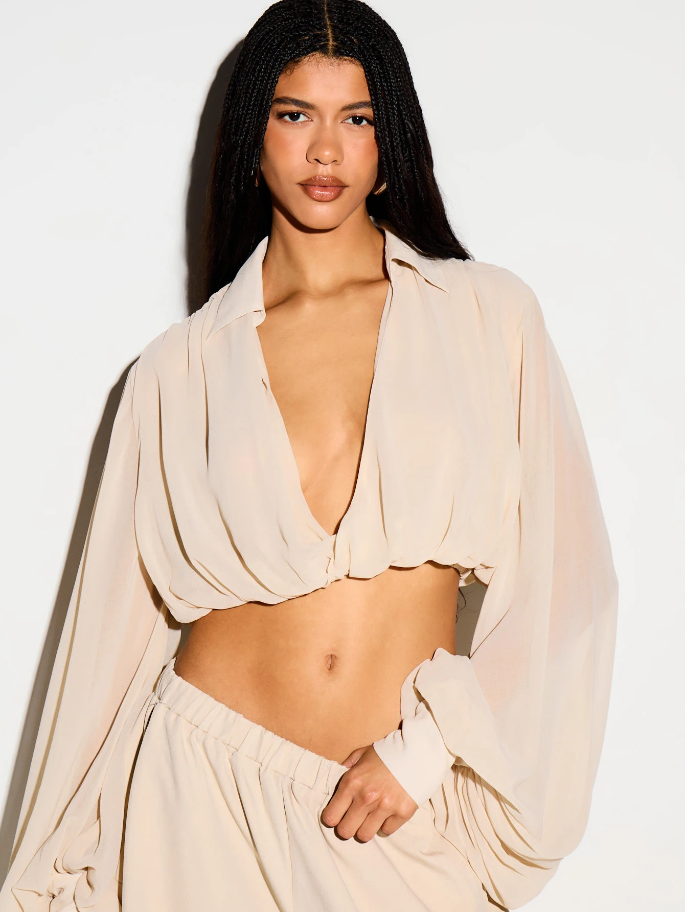 Wrap Front Crop Blouse With Balloon Sleeves