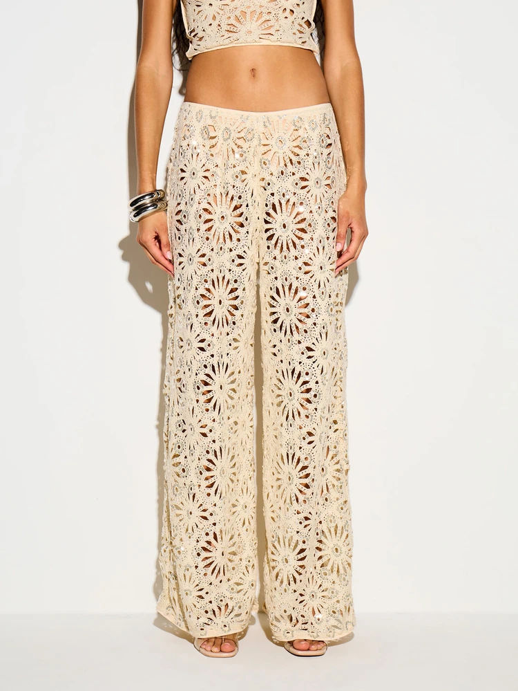 Sequin Crochet Wide Leg Trousers With Floral Cutout