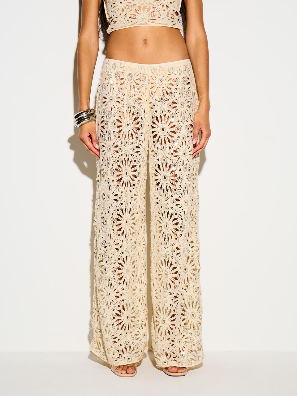 KIZN Sequin Crochet Wide Leg Trousers With Floral Cutout