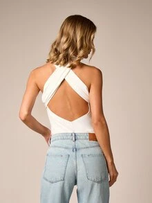 AiiRZ Crossover Halter Neck Cut-Out Bodysuit With Deep Plunge Open Back And Ruched Detail - White - View 3