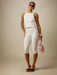 MISSGUIDED Celana Legging Capri Polkadot Pinggang Tinggi Pas Badan Model Pendek Gaya Retro Kasual Musim Panas - Hitam dan Putih - View 3
