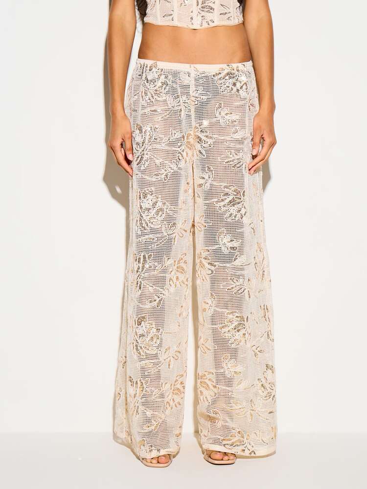 Sequin Floral Crochet Wide Leg Trousers