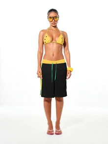 SUMWON WOMEN Contrast Side Panel Bermuda Shorts With Color Block Design, Drawstring Waist, And Logo Graphic Detail - Black - View 3