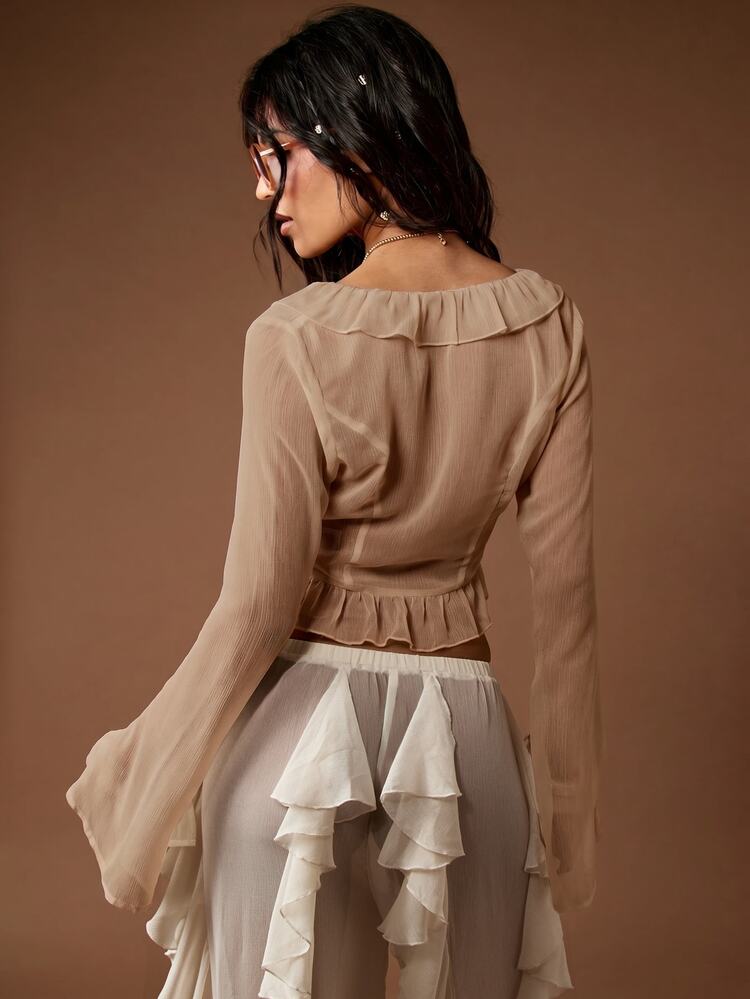 MISSGUIDED Sheer Ruffle Trim Crop Blouse With Long Bell Sleeves, Tie Front Neckline And Flowy Chiffon Fabric For Festival And Summer Occasions