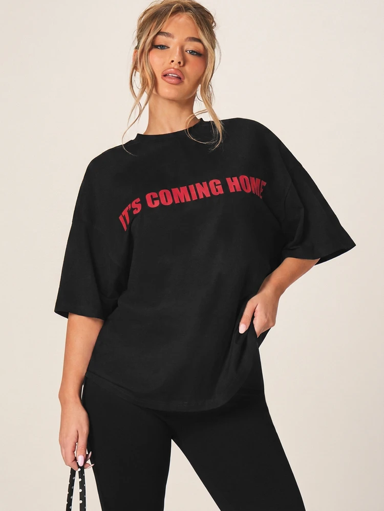 MISSGUIDED Its Coming Home Oversized Graphic T-Shirt With Bold Red Slogan Print And Drop Shoulder Design