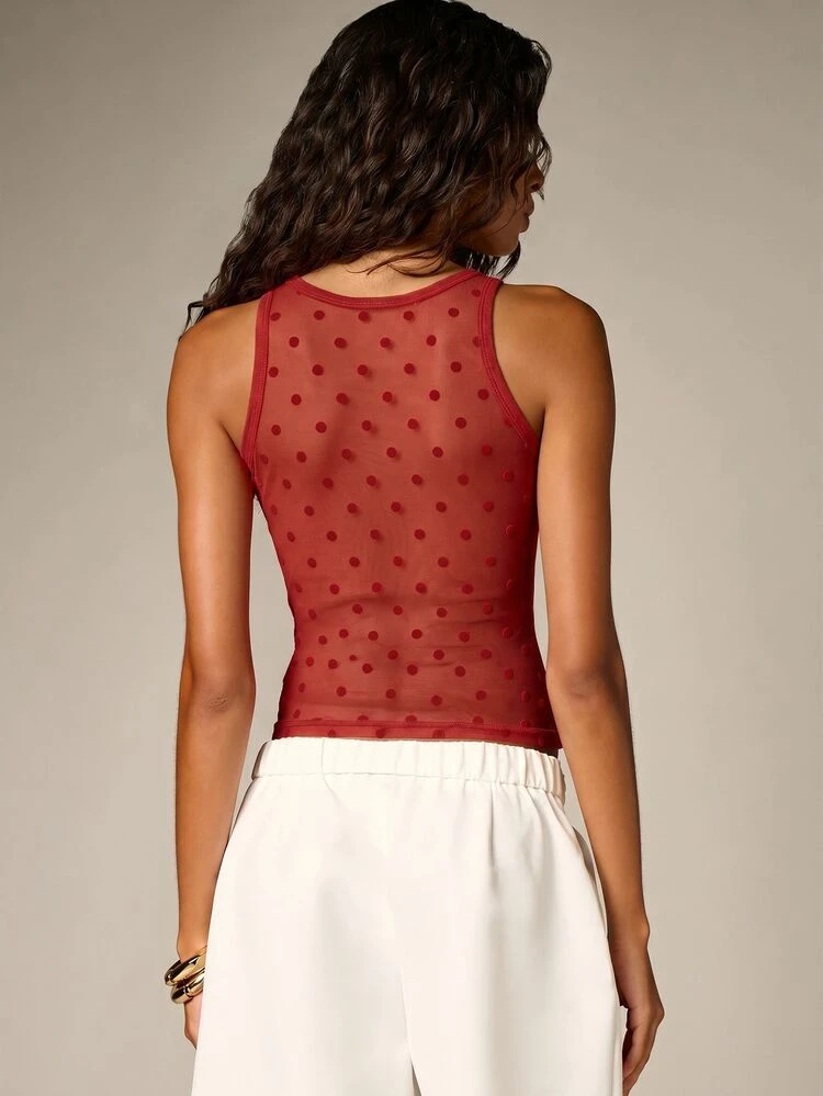 Sheer Dobby Mesh Tank Top With Polka Dot Pattern
