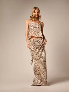 AiiRZ Snake Print Drape Cami Top With Square Neck Thin Straps Open Back Tie Detail Summer Festival Style - Multicolor - View 4