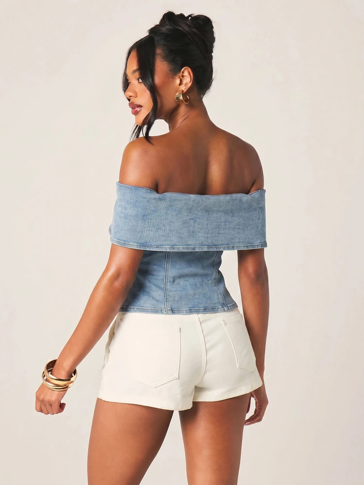 MISSGUIDED Top de mezclilla tipo corsé Bardot con hombros descubiertos, cuello plegado y ajuste estructurado para festivales de verano y salidas casuales