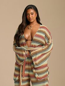 FASHION SZN 大尺碼鉤編海灘罩衫和服式外罩 繫帶設計 透視優雅時尚 適合海灘派對、海灘俱樂部、音樂節、伊比薩波西米亞風 旅行夏季度假泳裝上衣 - 彩色 - 查看 5