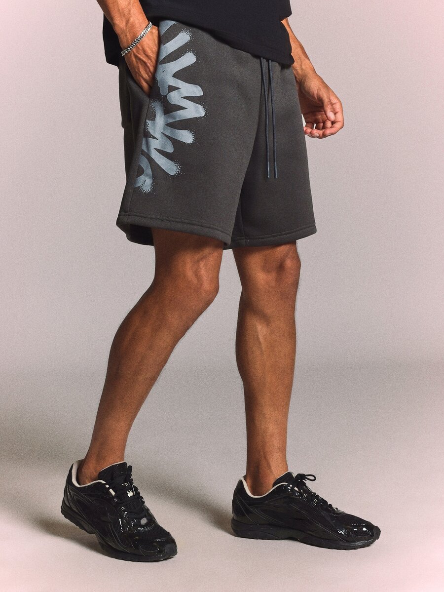 SUMWON Pull-On Fleece Shorts With Graffiti Logo Print, Drawstring Waist And Side Pockets, Summer Casual - Dark Grey - View 1