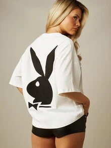 Missguided x Playboy 德州西部圖案寬鬆圓領短袖T恤，背面印有兔子標誌 - 白色 - 查看 2