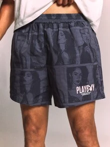 PLAYBOY X SUMWON Printed Swim Shorts With All-Over Photographic Pattern And Elastic Waist For Summer Vacation - Grey - View 6