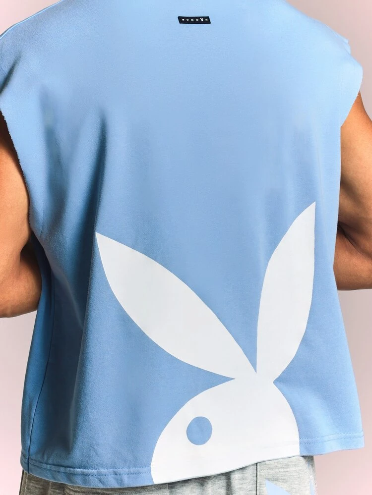 PLAYBOY X SUMWON Los Angeles California Boxy Crop Fit Washed Sleeveless Tank Top With Bunny Graphic Back Print And Crew Neck