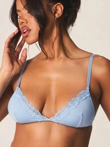 MISSGUIDED Soutien-gorge plongeant push-up avec détail de bordure en dentelle, bretelles réglables, lingerie bralette pour tous les jours - Bleu azur - Voir 4