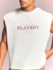 PLAYBOY X SUMWON Cropped Boxy Fit Raw Edge Tank Top With Front And Back Graphic Print Sleeveless Crew Neck Summer - White - View 4
