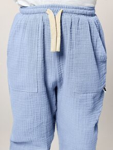 SUMWON 男童幼童穆斯林棉質工裝褲，彈性腰圍與貼袋設計，夏季休閒寬鬆版型長褲 - 藍色 - 查看 6