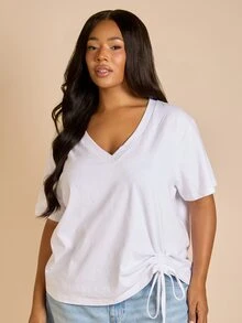 FASHION SZN Plus Size Women's Solid Color V-Neck Casual Versatile Daily Outing Short Sleeve T-Shirt - White - View 3
