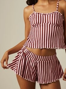 MISSGUIDED Striped Satin Cami And Shorts Pyjama Set With Ruffle Trim Adjustable Straps Sweetheart Neckline Sleepwear - Multicolor - View 4