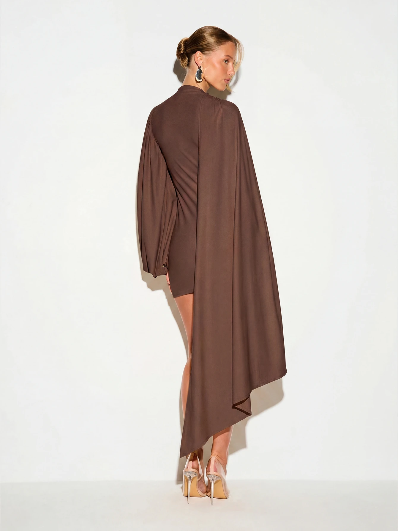 Draped Cape Mini Dress With Balloon Sleeves