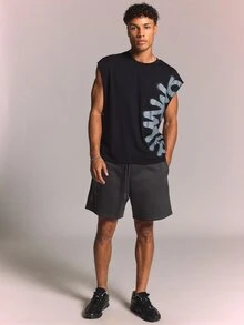 SUMWON Pull-On Fleece Shorts With Graffiti Logo Print, Drawstring Waist And Side Pockets, Summer Casual - Dark Grey - View 3