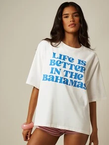 MISSGUIDED Life Is Better In The Bahamas 標語印花寬版圓領短袖圖案T恤 夏季度假款 - 白色 - 查看 5